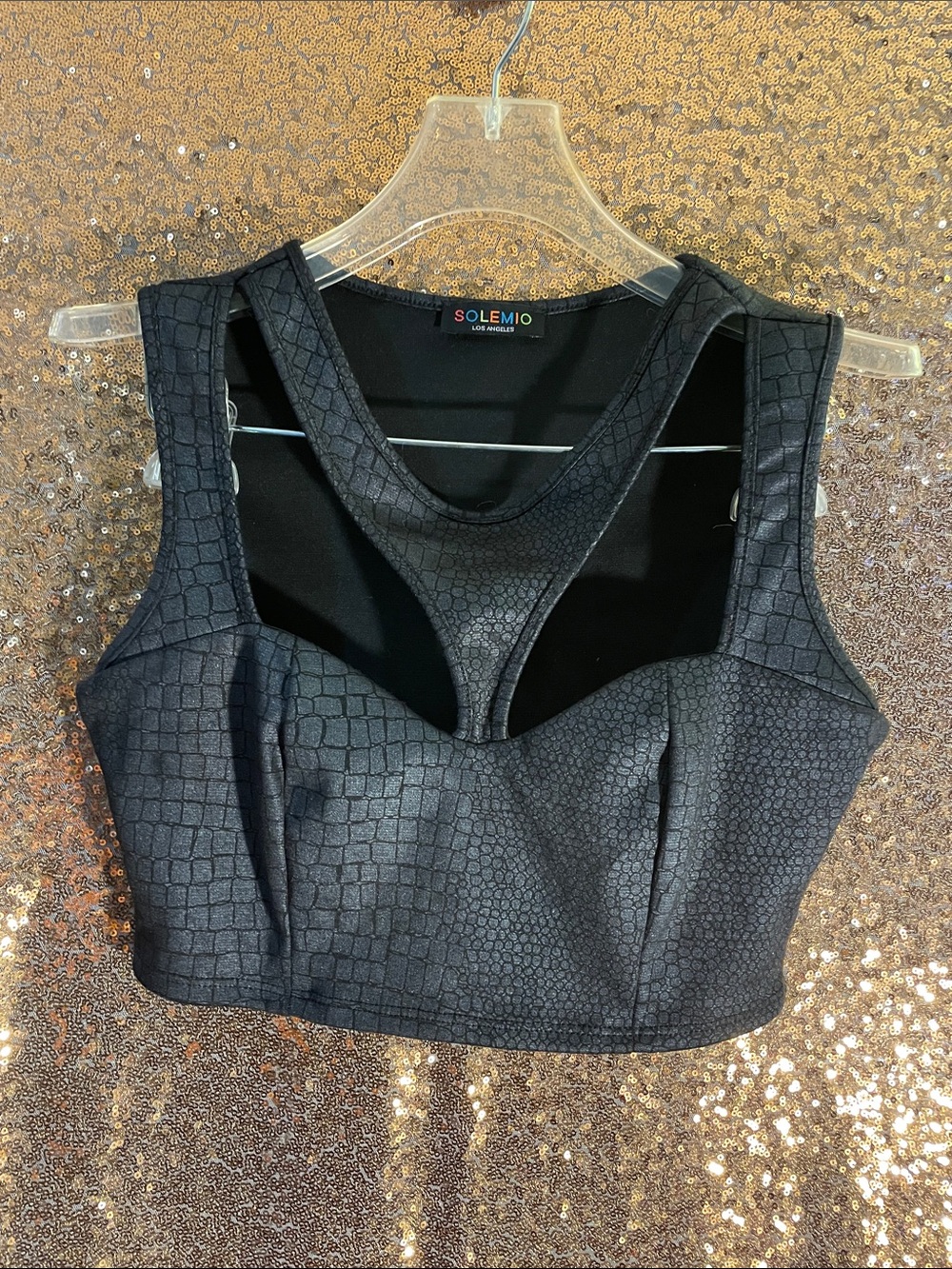 Solemio Black Faux-Reptile Cropped Cutout Tank Y2KClubcore
